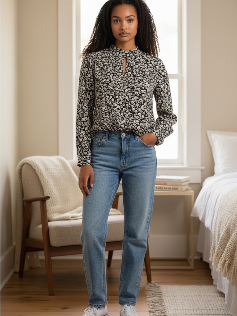 GAP Black and White Floral Keyhole Blouse